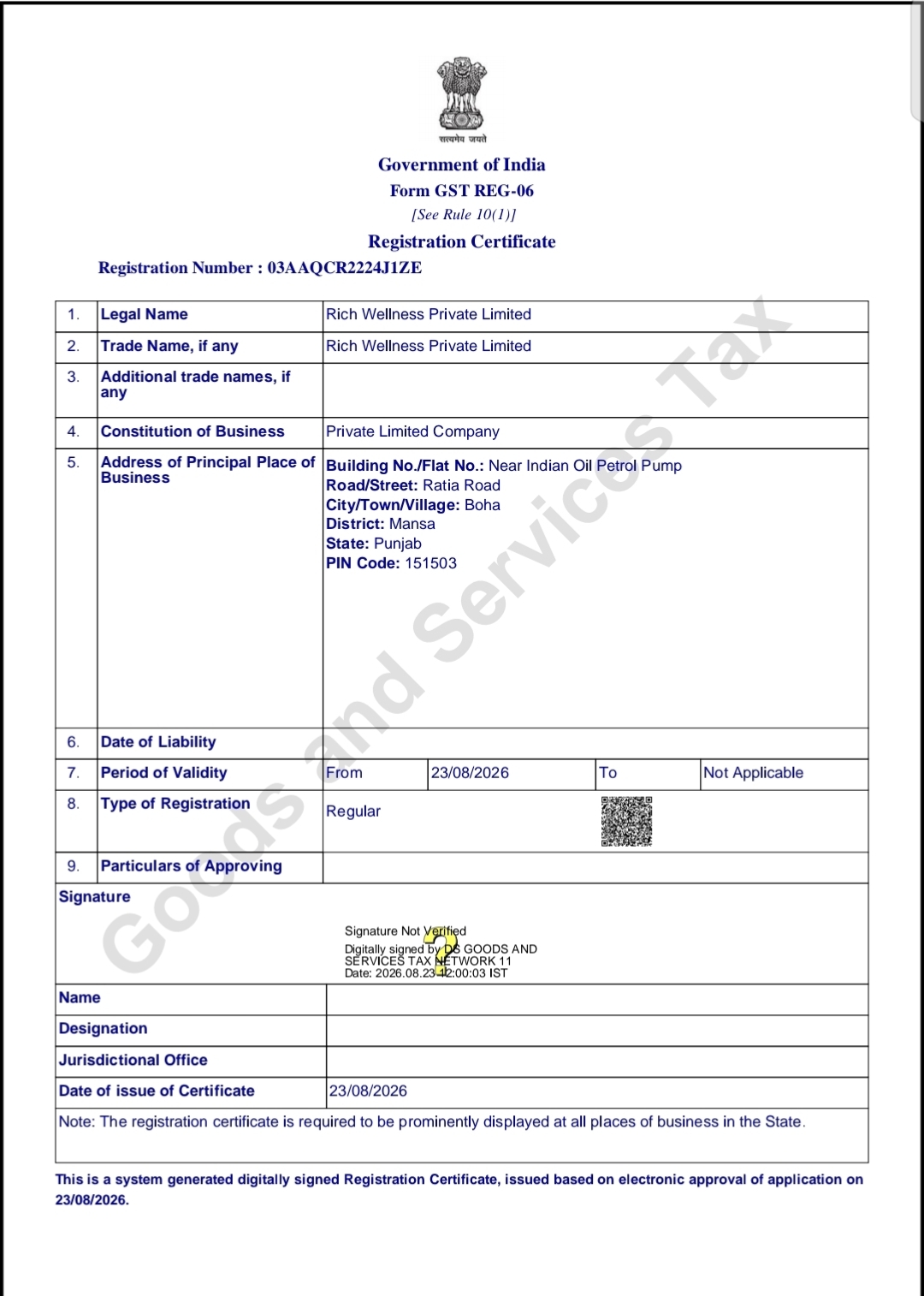 Rich Wellness Private Limited GST Registration Certificate