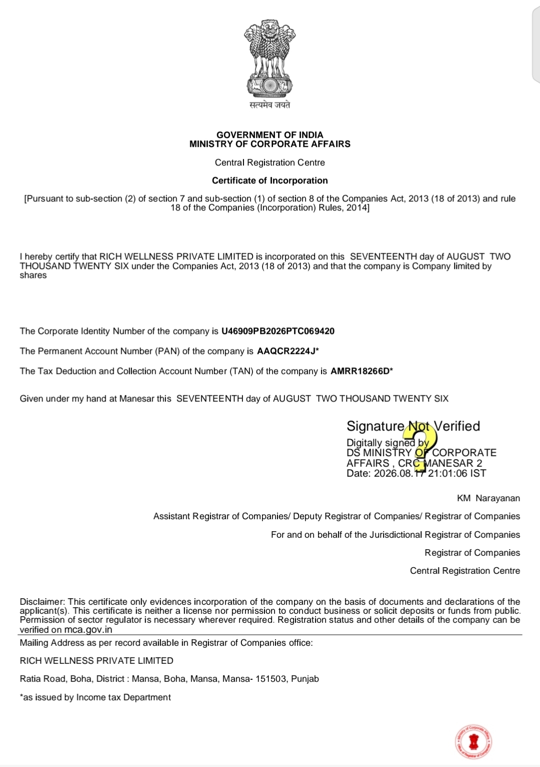 Rich Wellness Private Limited Certificate of Incorporation